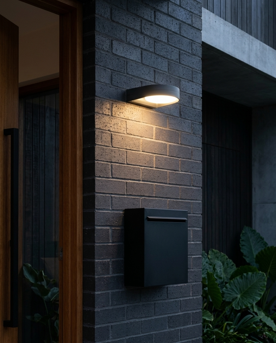 Arbotante LED GIDI gris oscuro encendido en fachada de ladrillo carbón sobre buzón negro junto a la puerta de teca