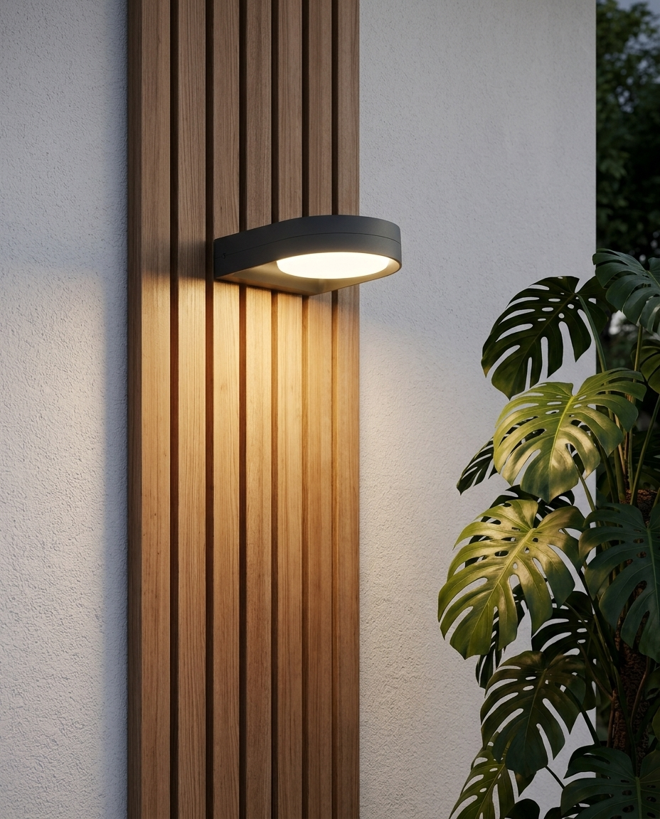 GIDI arbotante exterior encendido en terraza techada de estuco blanco junto a listones de madera y monstera
