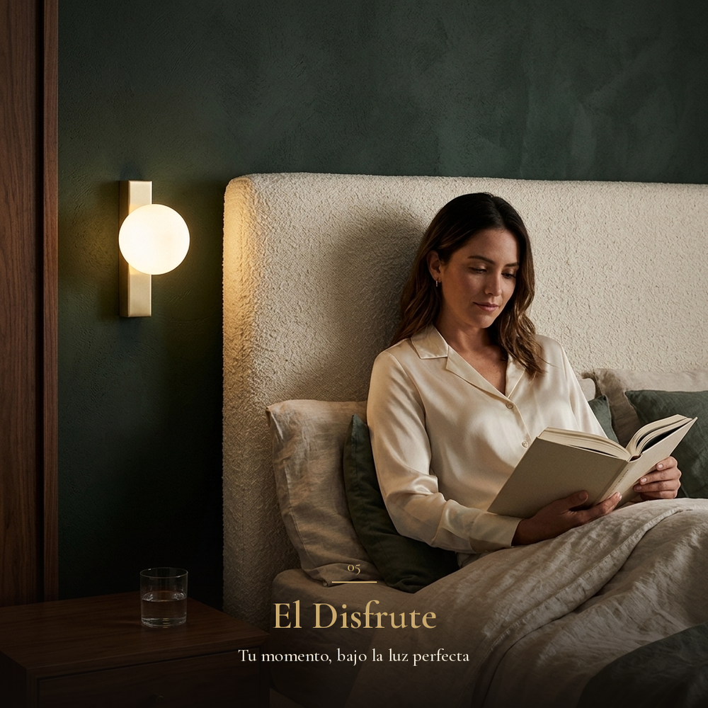 El Disfrute: mujer leyendo en la cama bajo la luz suave de GOMEISA II