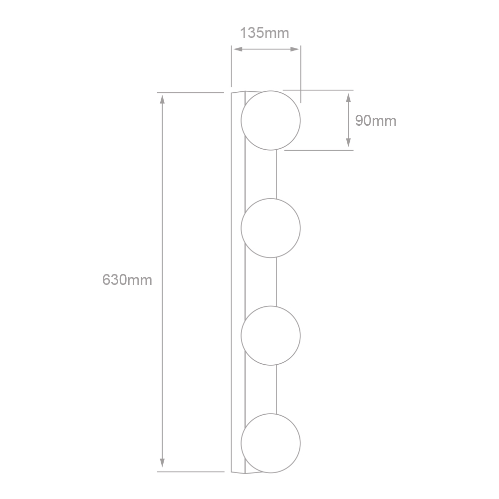 Dibujo técnico de GOMEISA III: 630 mm de alto, 135 mm de proyección y esferas de 90 mm