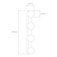 Dibujo técnico de GOMEISA III: 630 mm de alto, 135 mm de proyección y esferas de 90 mm