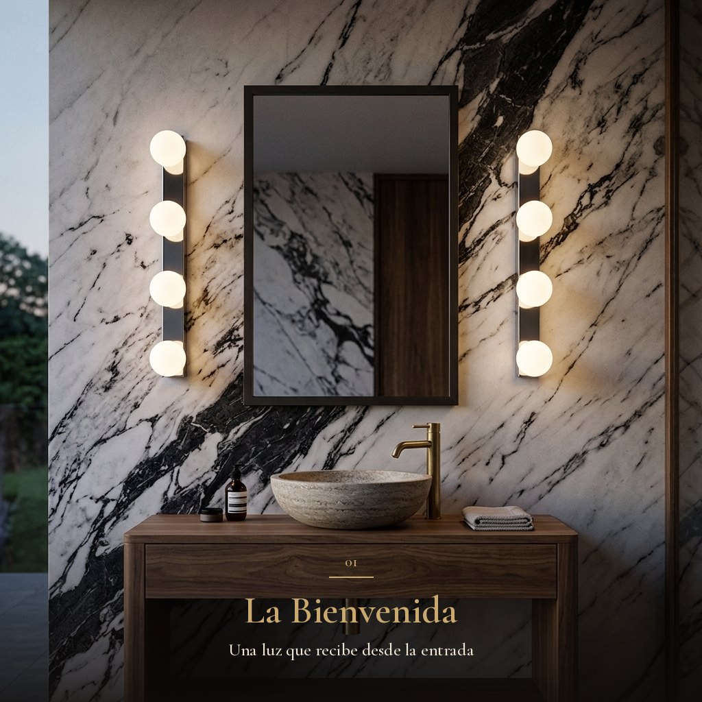 La Bienvenida: dos GOMEISA III encendidos flanqueando el espejo en baño de mármol