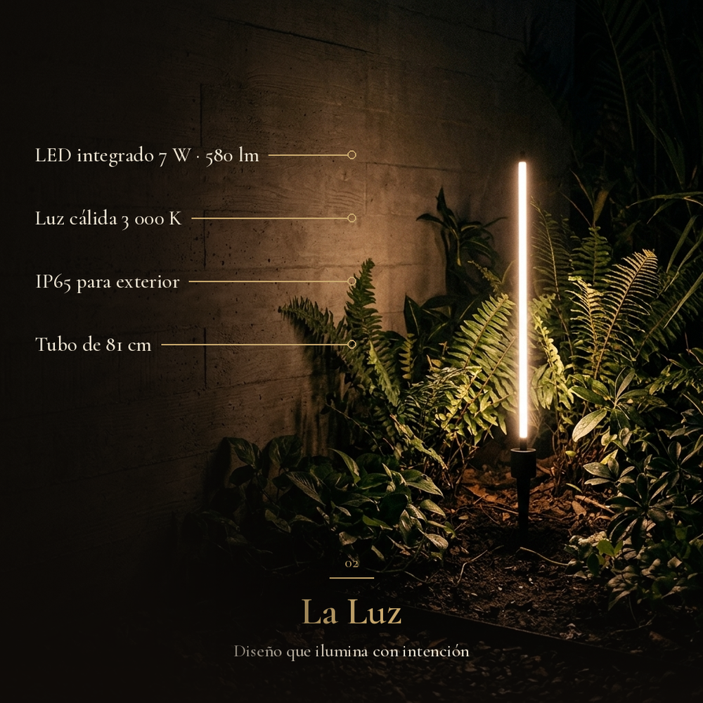 GRAS II: LED integrado 7 W · 580 lm, Luz cálida 3 000 K, IP65 para exterior, Tubo de 81 cm