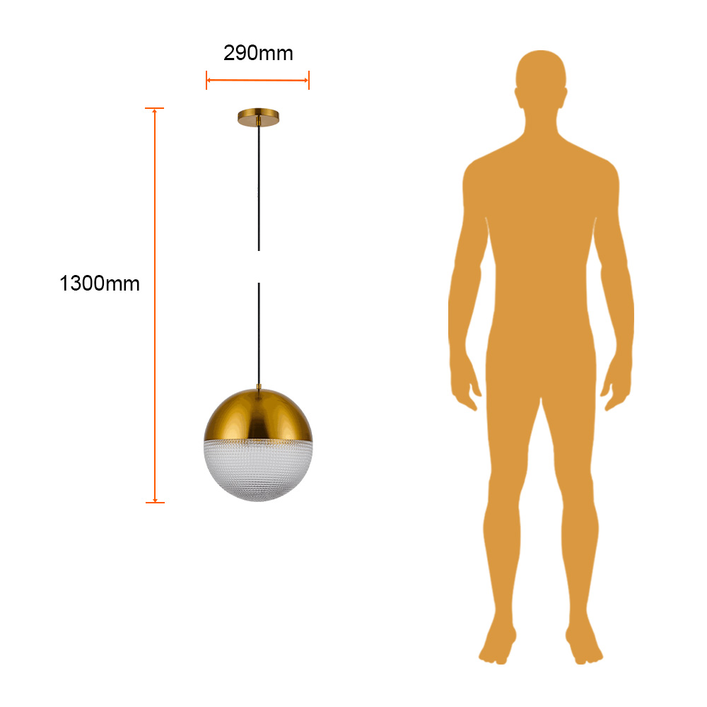 GUCHE II junto a silueta humana para comparar su tamaño: esfera de 290 mm de diámetro y altura total de 1300 mm