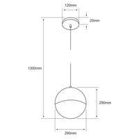 Dibujo técnico con medidas de GUCHE II: esfera de 290 mm de diámetro y altura total de 1300 mm