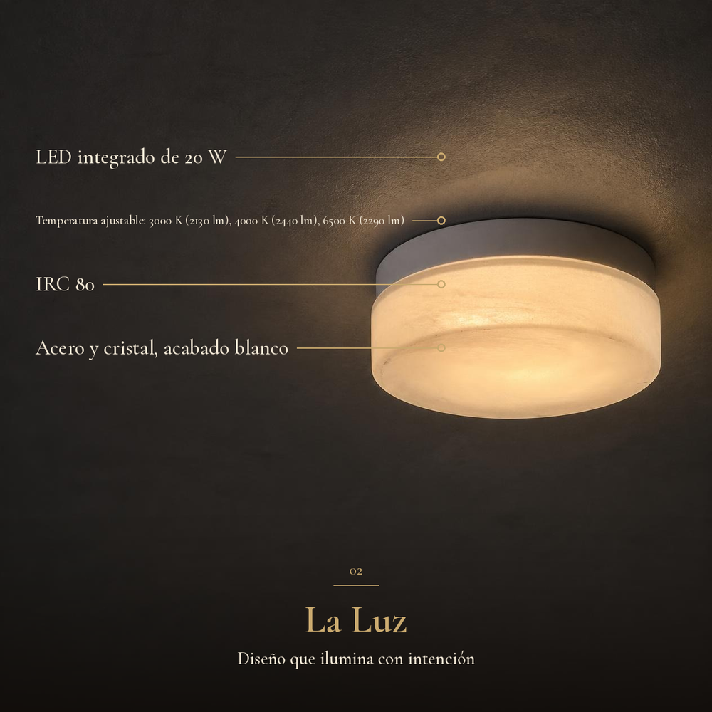 GUDJA con ficha: LED 20 W, temperatura ajustable, IRC 80, acero y cristal, acabado blanco