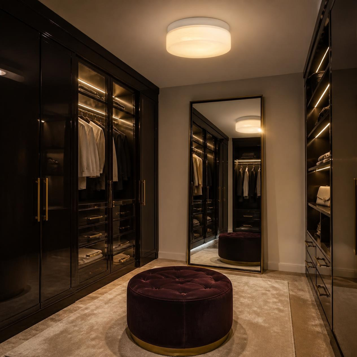 GUDJA iluminando vestidor con clósets oscuros y taburete