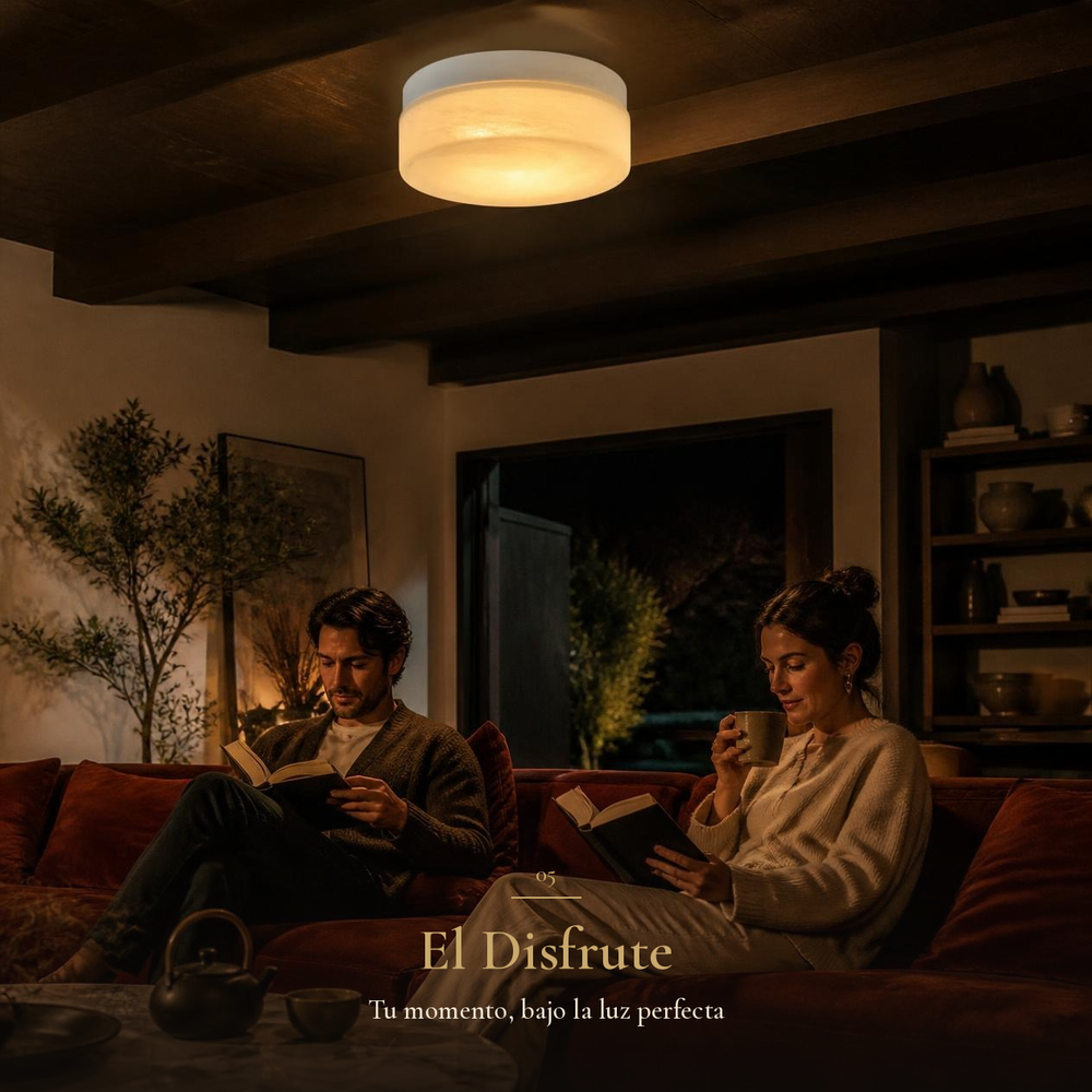 Pareja leyendo en sala bajo plafón GUDJA encendido