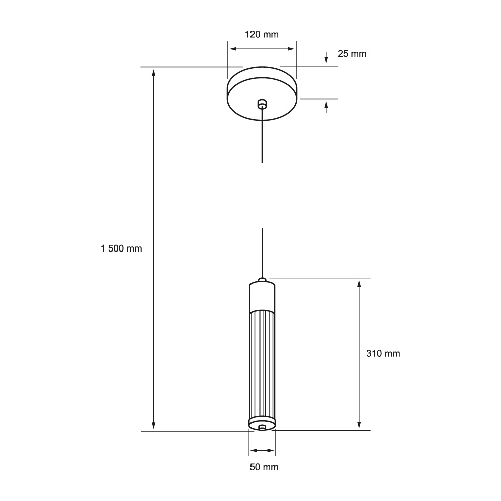 Dibujo técnico con medidas de HADEUS I: tubo de 50 mm de ancho y 310 mm de alto, altura total 1500 mm