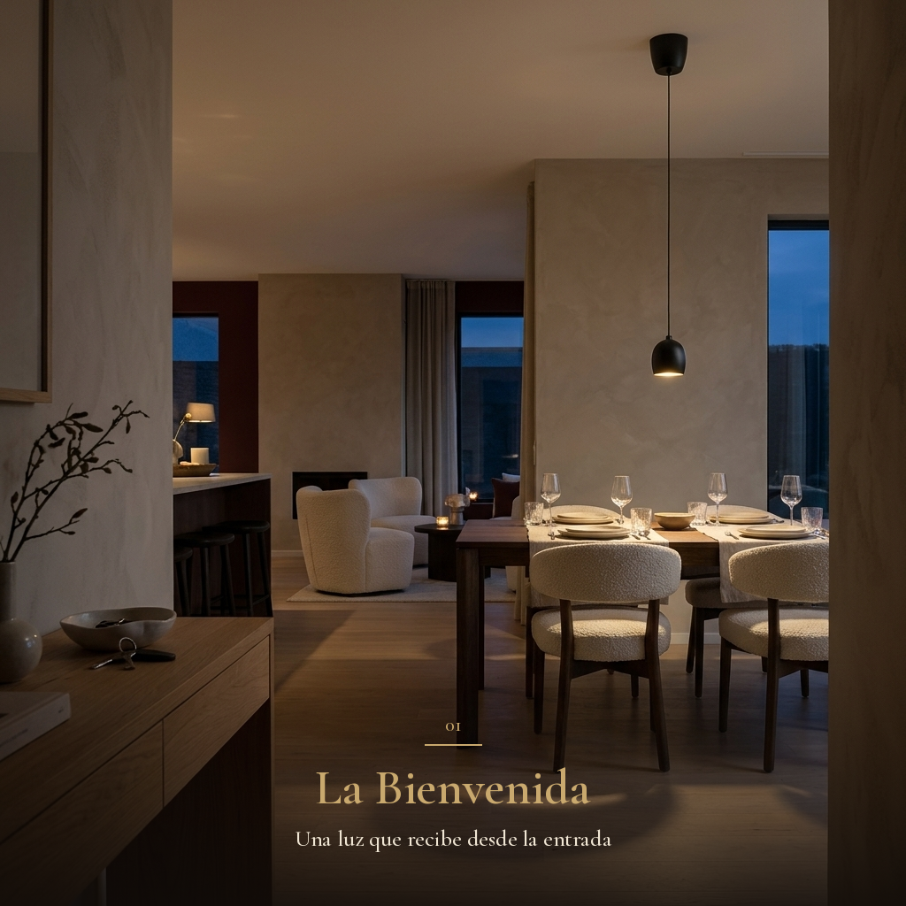 HAURYX encendida sobre el comedor al llegar a casa al atardecer