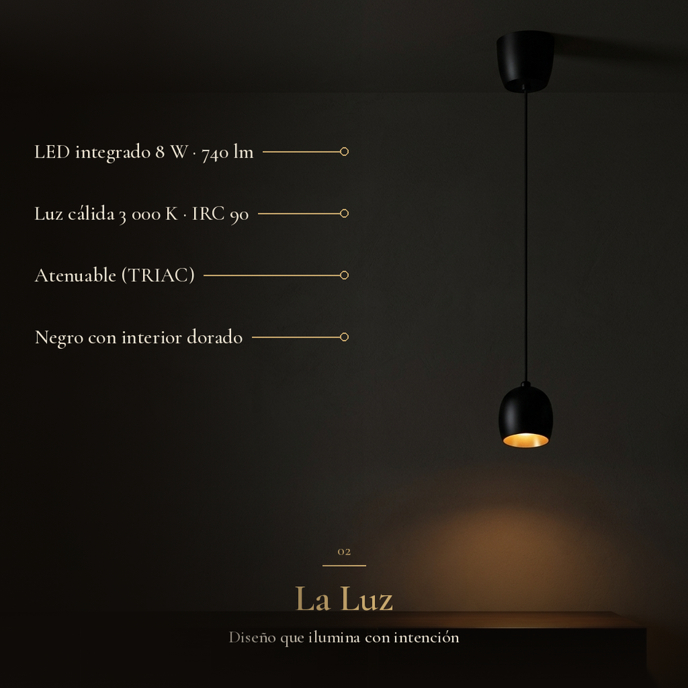 HAURYX: LED integrado 8 W · 740 lm, Luz cálida 3 000 K · IRC 90, Atenuable (TRIAC), Negro con interior dorado