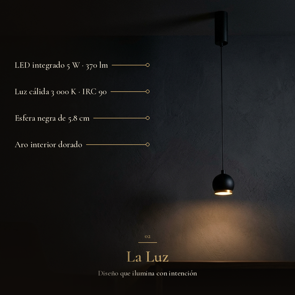 HELVETIOS I: LED integrado 5 W · 370 lm, Luz cálida 3 000 K · IRC 90, Esfera negra de 5.8 cm, Aro interior dorado
