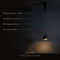 HELVETIOS I: LED integrado 5 W · 370 lm, Luz cálida 3 000 K · IRC 90, Esfera negra de 5.8 cm, Aro interior dorado