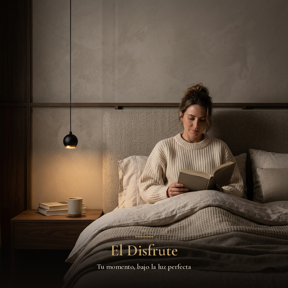 mujer leyendo en la cama junto a la luz cálida de HELVETIOS I