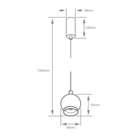 Dibujo técnico con medidas de HELVETIOS I: esfera de 58 mm, florón cilíndrico de 36 × 100 mm, altura total 1500 mm
