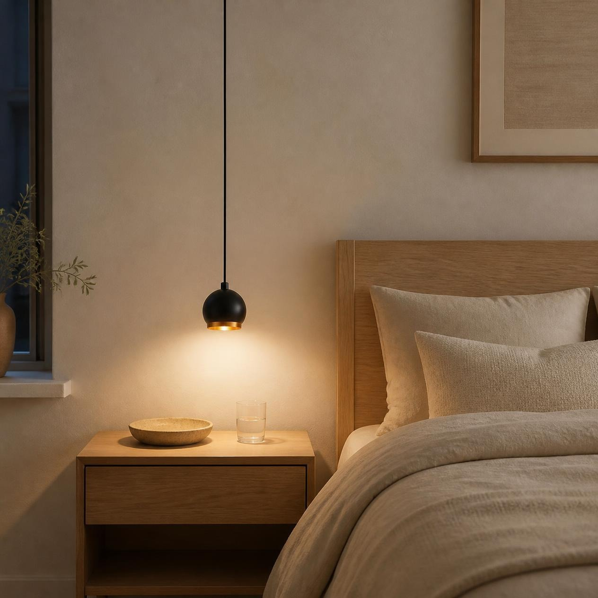 HELVETIOS II como colgante de buró junto a cama de madera