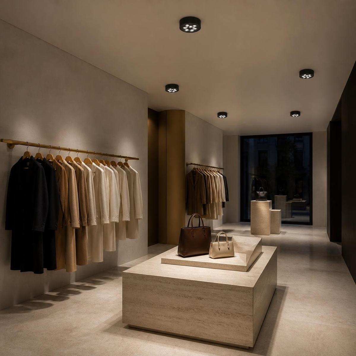 HIVE PTL I en techo de boutique de ropa con mesa de exhibición
