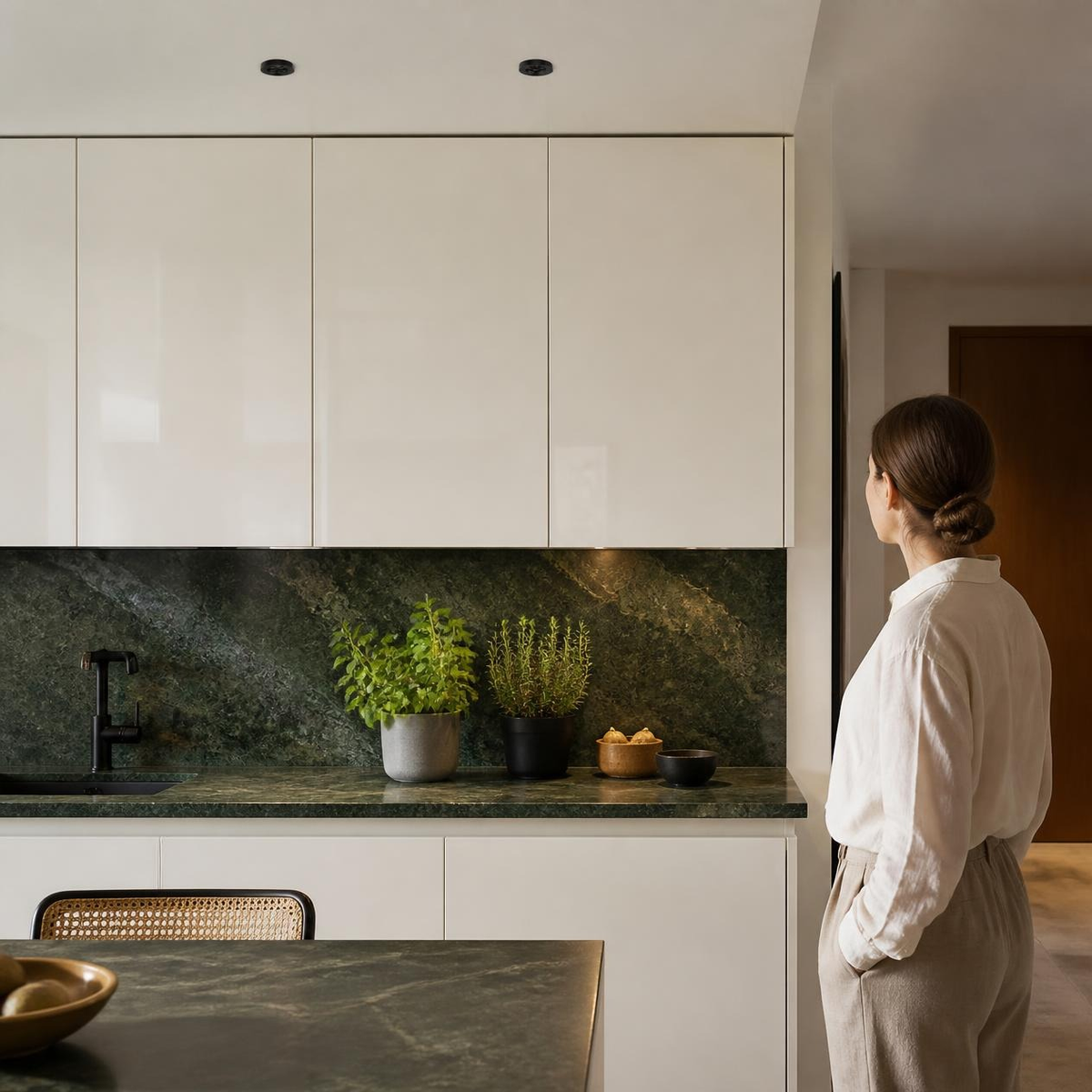 HIVE PTL I en techo de cocina blanca con cubierta de mármol verde