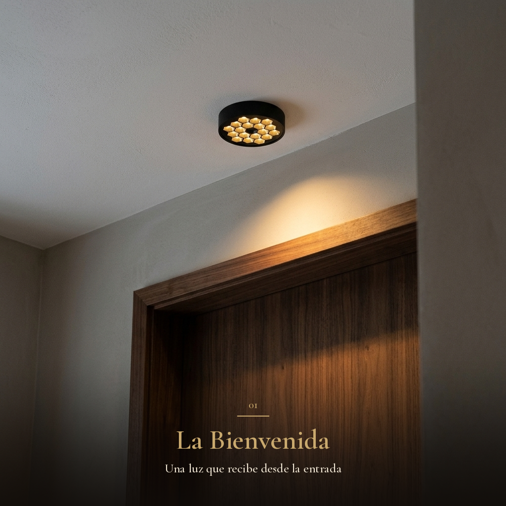 La Bienvenida: plafón HIVE PTL II iluminando la puerta de nogal del recibidor