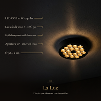 La Luz: HIVE PTL II con LED COB 10 W, 740 lm, 3000 K, IRC 90, rejilla honeycomb y 9.6 cm de diámetro