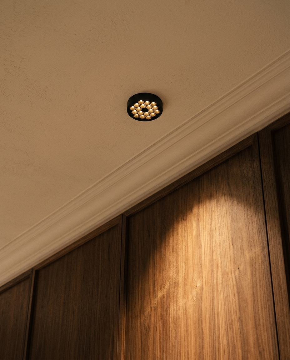 Plafón LED HIVE PTL II negro encendido en techo de recibidor con moldura, bañando de luz cálida un muro de nogal