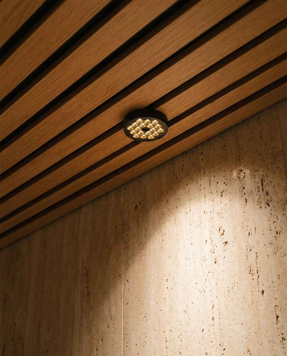 Plafón HIVE PTL II con luz dorada en plafón de duelas de madera de pasillo de hotel sobre muro de travertino