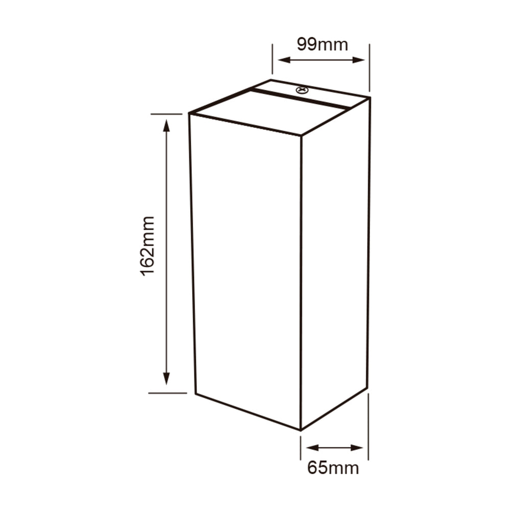 Dibujo técnico de HYADUM: 162 mm de alto, 99 mm de ancho y 65 mm de fondo