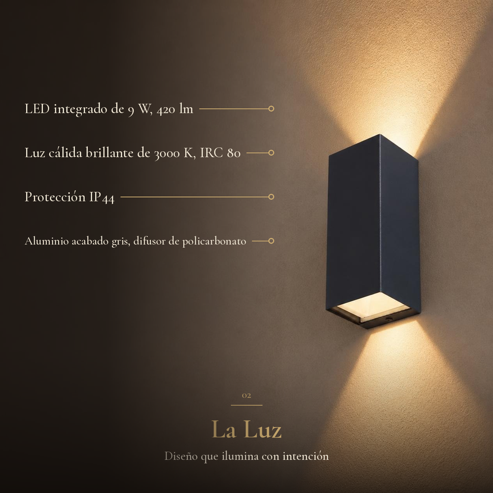 HYADUM con ficha: LED 9 W, 420 lm, 3000 K, IRC 80, IP44, aluminio gris con difusor de policarbonato