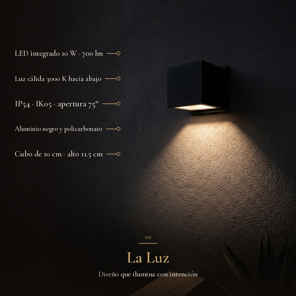 La Luz: KEENYA I con LED 10 W, 700 lm, 3000 K, IP54, IK05 y cubo de 10 cm