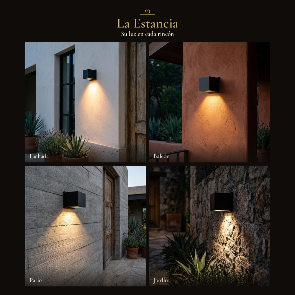 La Estancia: KEENYA I iluminando fachada, balcón, patio de concreto y muro de jardín
