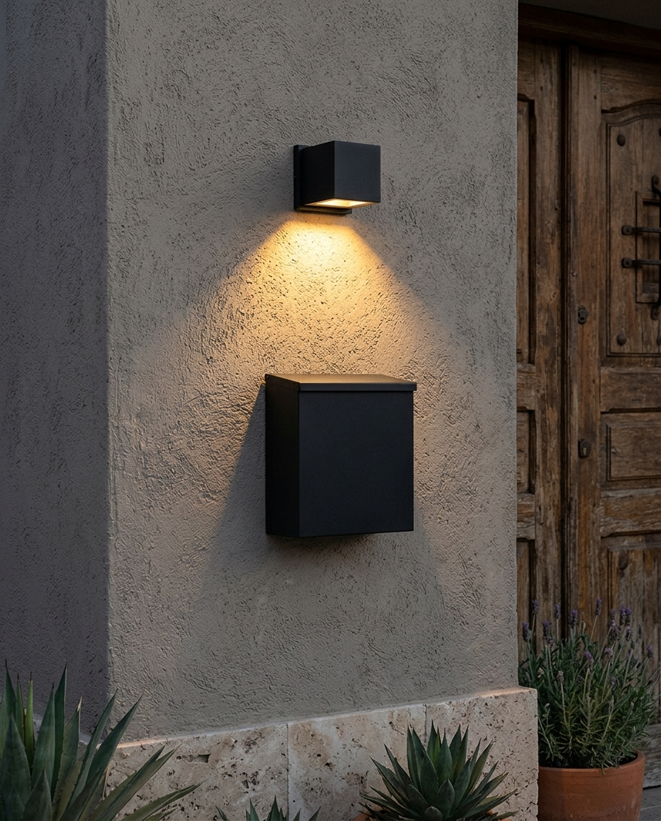 Arbotante LED KEENYA I cubo negro encendido sobre buzón negro en fachada de estuco gris junto a puerta de madera