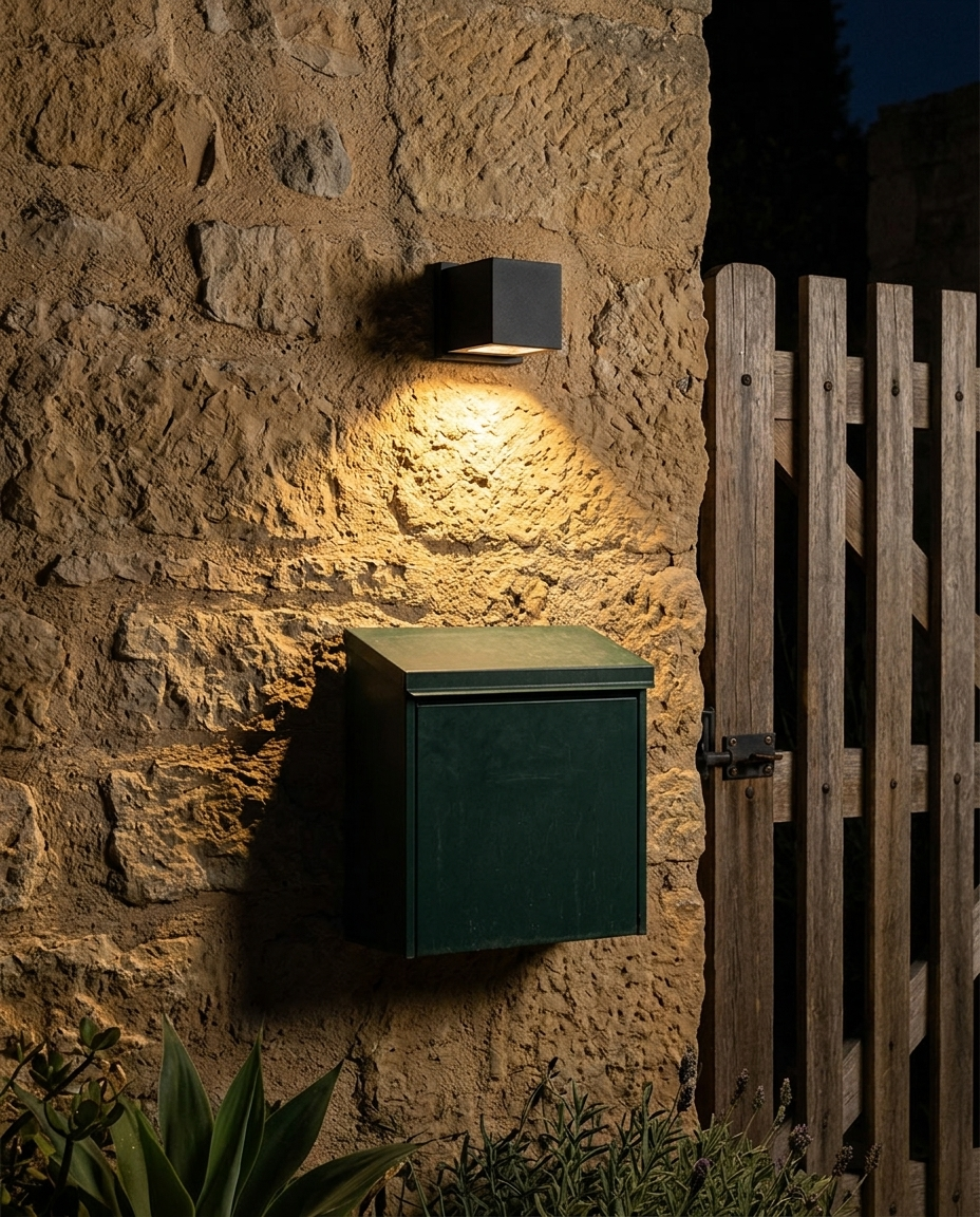 KEENYA I encendido en muro de piedra del jardín sobre buzón verde junto a reja de madera