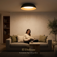 El Disfrute: mujer leyendo en el sofá bajo la luz cálida del plafón LEGNO por la noche