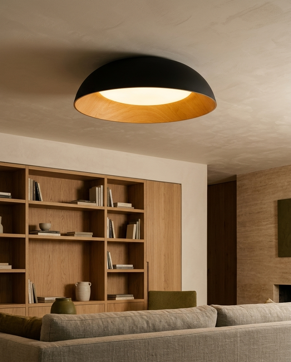 Plafón LED LEGNO negro con interior madera encendido en techo de sala con librero de roble y sofá de lino