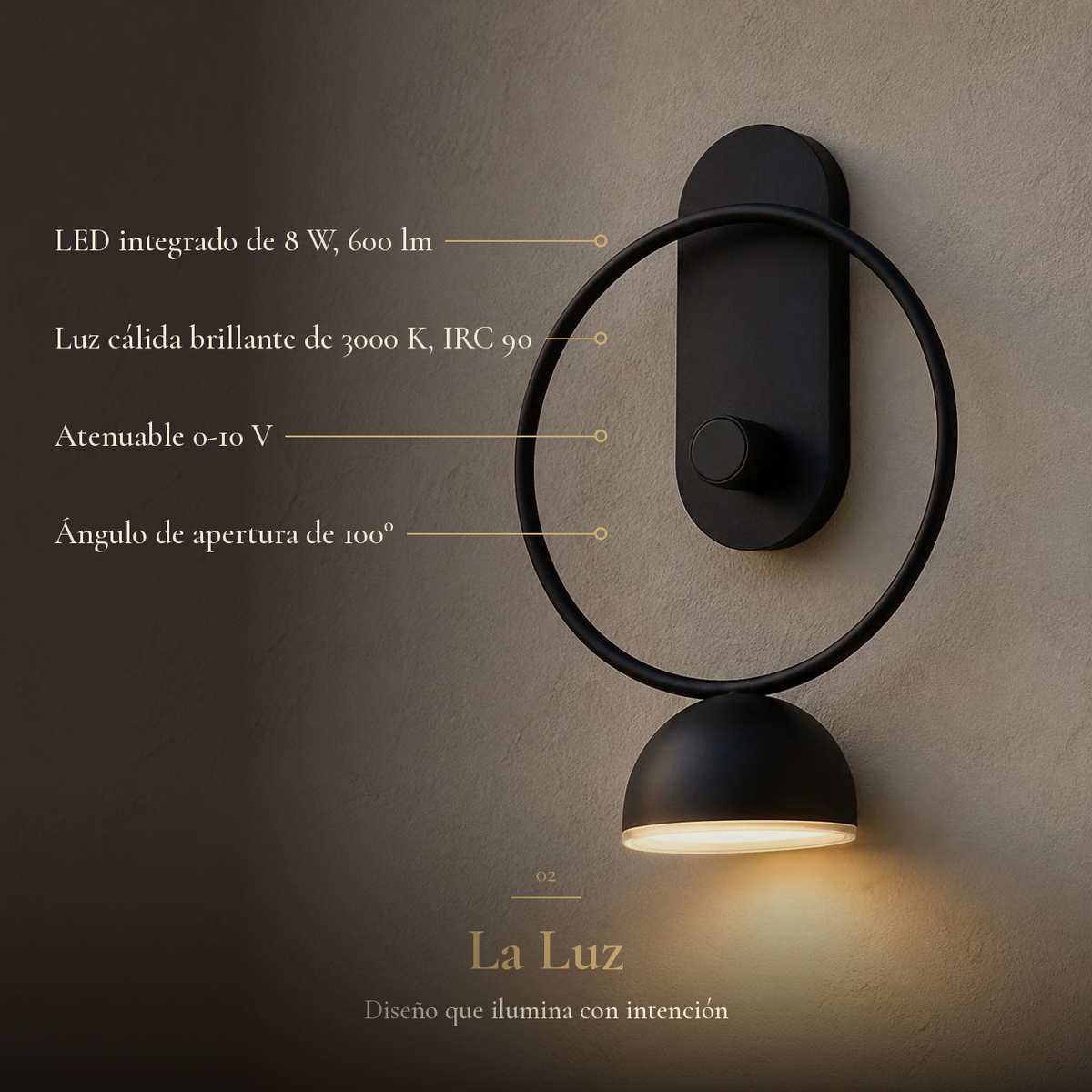 LEO II con ficha: LED 8 W, 600 lm, 3000 K, IRC 90, atenuable 0-10 V, apertura de 100°