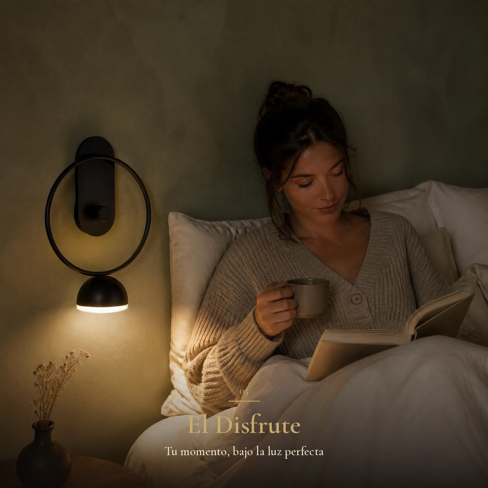 Mujer leyendo en cama bajo LEO II encendido