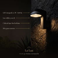 LUFON WALL: LED integrado 10 W · 808 lm, Luz cálida 3 000 K, Cabezal tipo farol urbano, IP65 para exterior