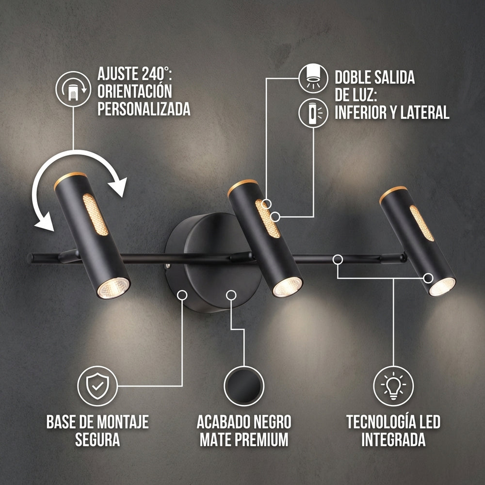 Detalle de ZUBENE IV: spots con ajuste de 240°, doble salida de luz y base negra mate