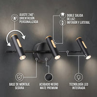 Detalle de ZUBENE IV: spots con ajuste de 240°, doble salida de luz y base negra mate