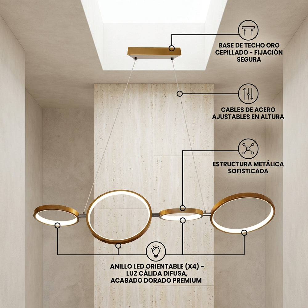 AUREAL con base de techo dorada, cables de acero ajustables y 4 anillos LED de luz cálida