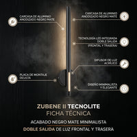 Ficha técnica de ZUBENE II: carcasa de aluminio negro mate, doble salida de luz y difusor acrílico