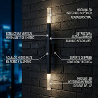 TUPIN III: estructura de acero y aluminio negro mate, módulos LED superior e inferior