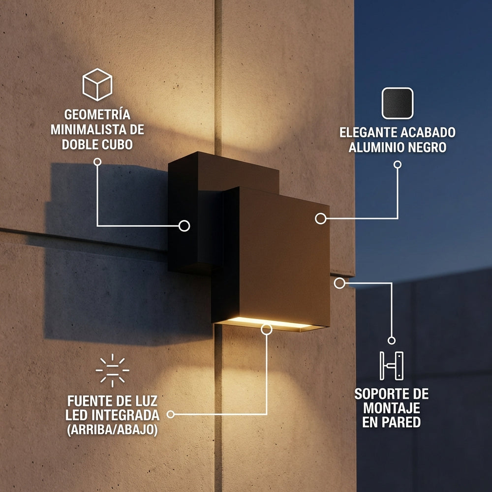 BAN: geometría de doble cubo, acabado aluminio negro y luz LED arriba y abajo