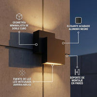 BAN: geometría de doble cubo, acabado aluminio negro y luz LED arriba y abajo