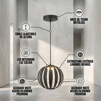 MYACH I: base de techo metálica, cable ajustable, estructura esférica de láminas y LED integrado