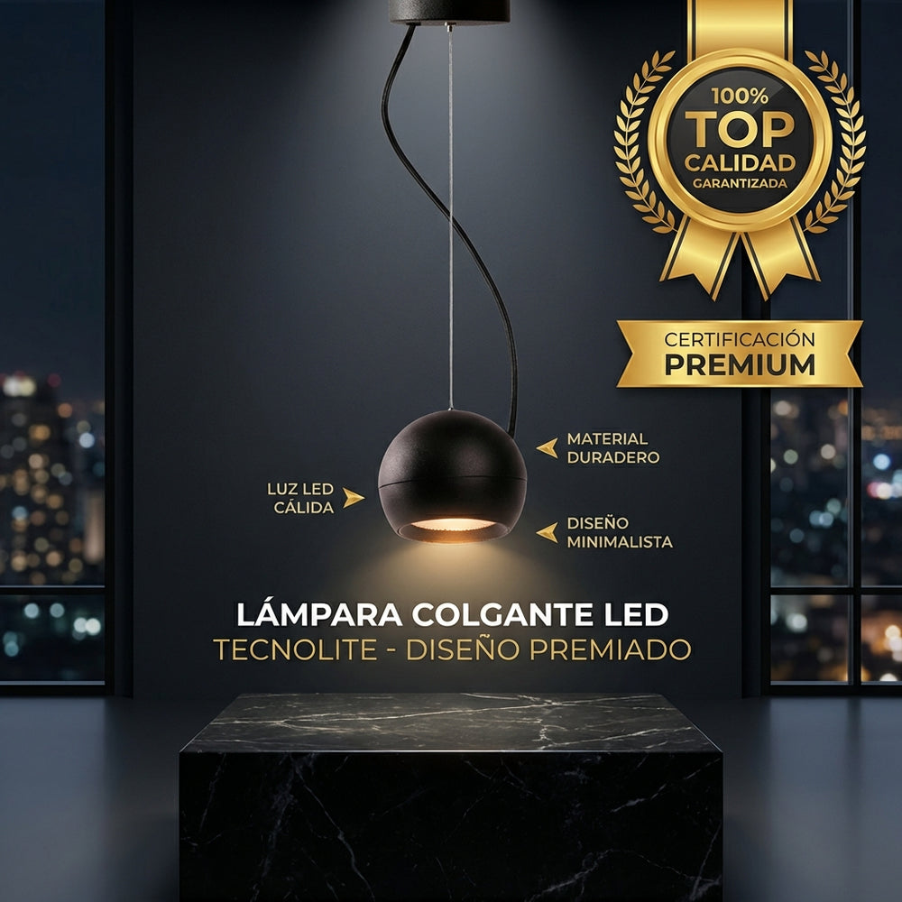 TUPA colgante LED negra encendida sobre pedestal de mármol, luz cálida dirigida hacia abajo
