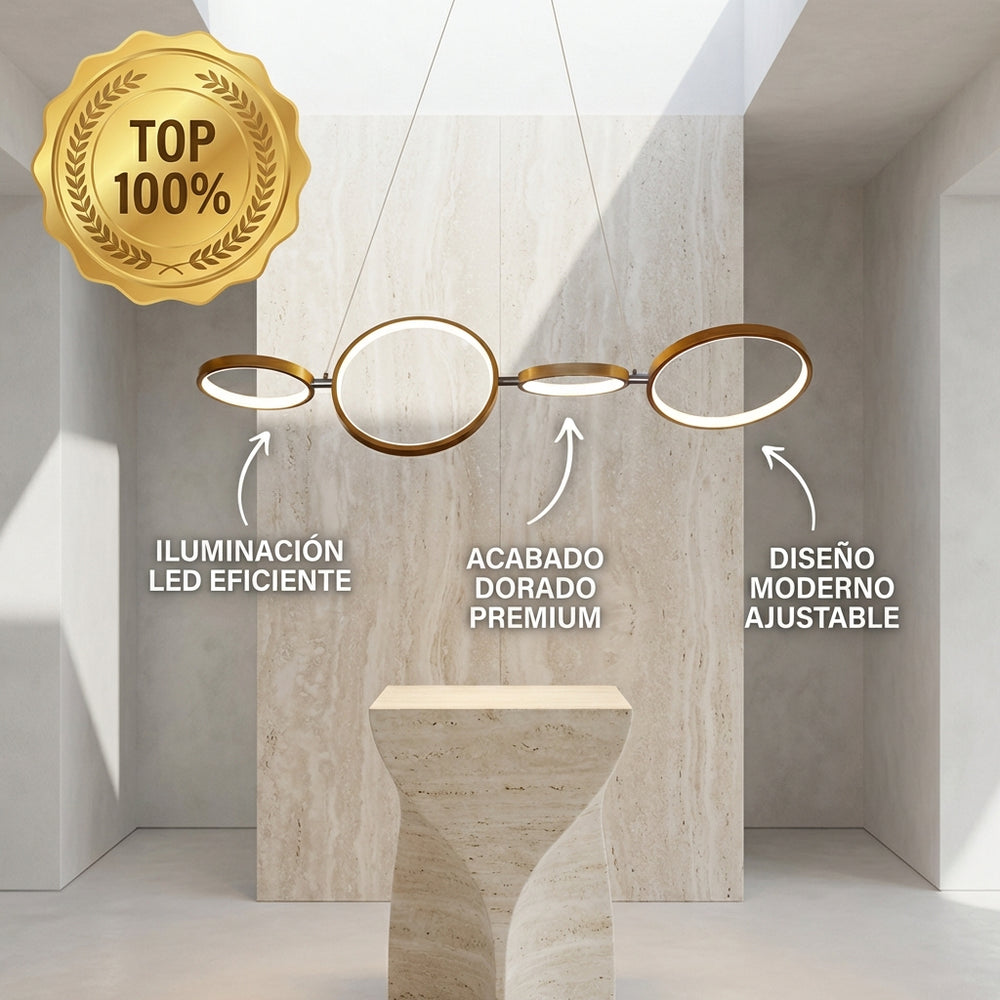 AUREAL anillos LED dorados encendidos sobre pedestal de piedra en interior minimalista