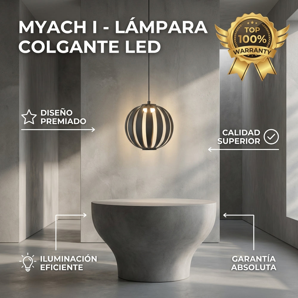 MYACH I esfera de láminas negras encendida sobre mesa de concreto