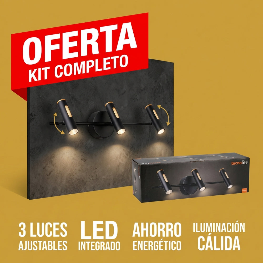 ZUBENE IV negro de 3 luces junto a su caja de empaque
