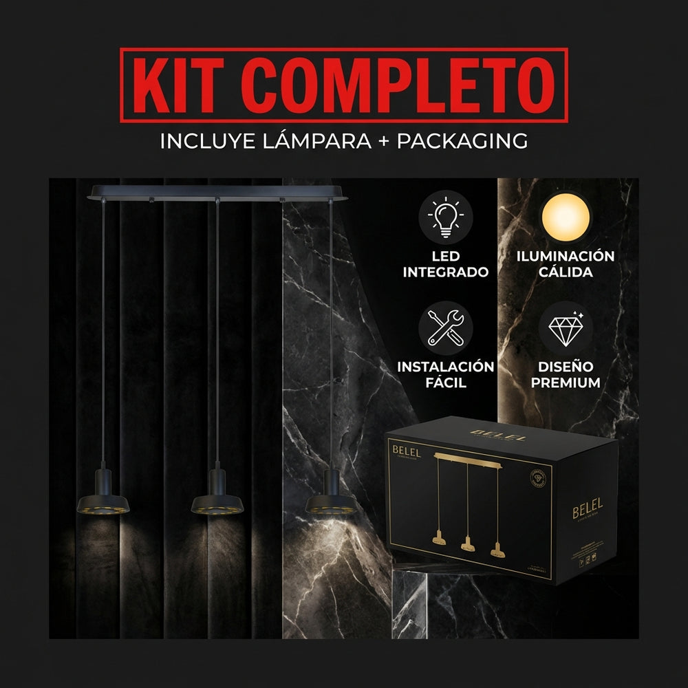 BELEL II negra de 3 luces junto a su caja de empaque, kit completo